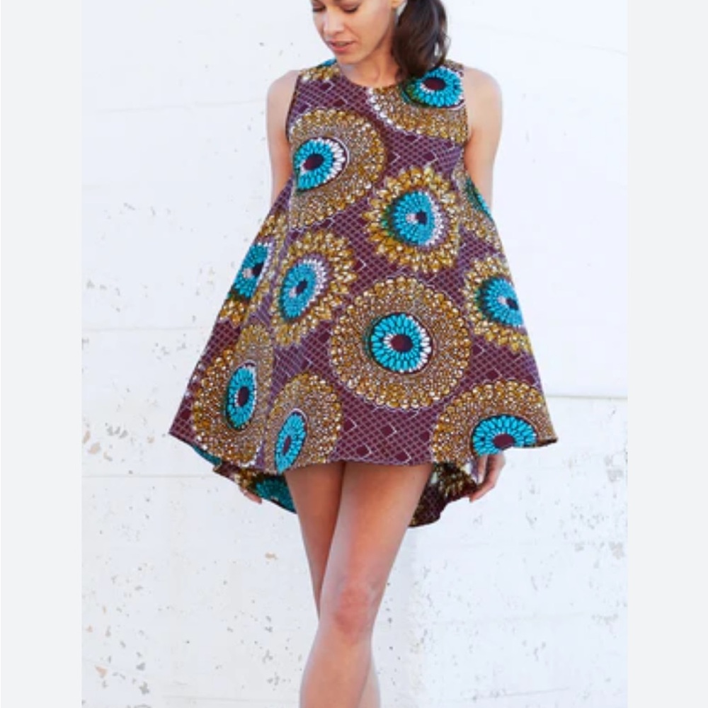 Colorful Della LA Patterned Dress Ghana Handmade sz Medium Maroon Geometric Fun